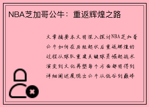 NBA芝加哥公牛：重返辉煌之路